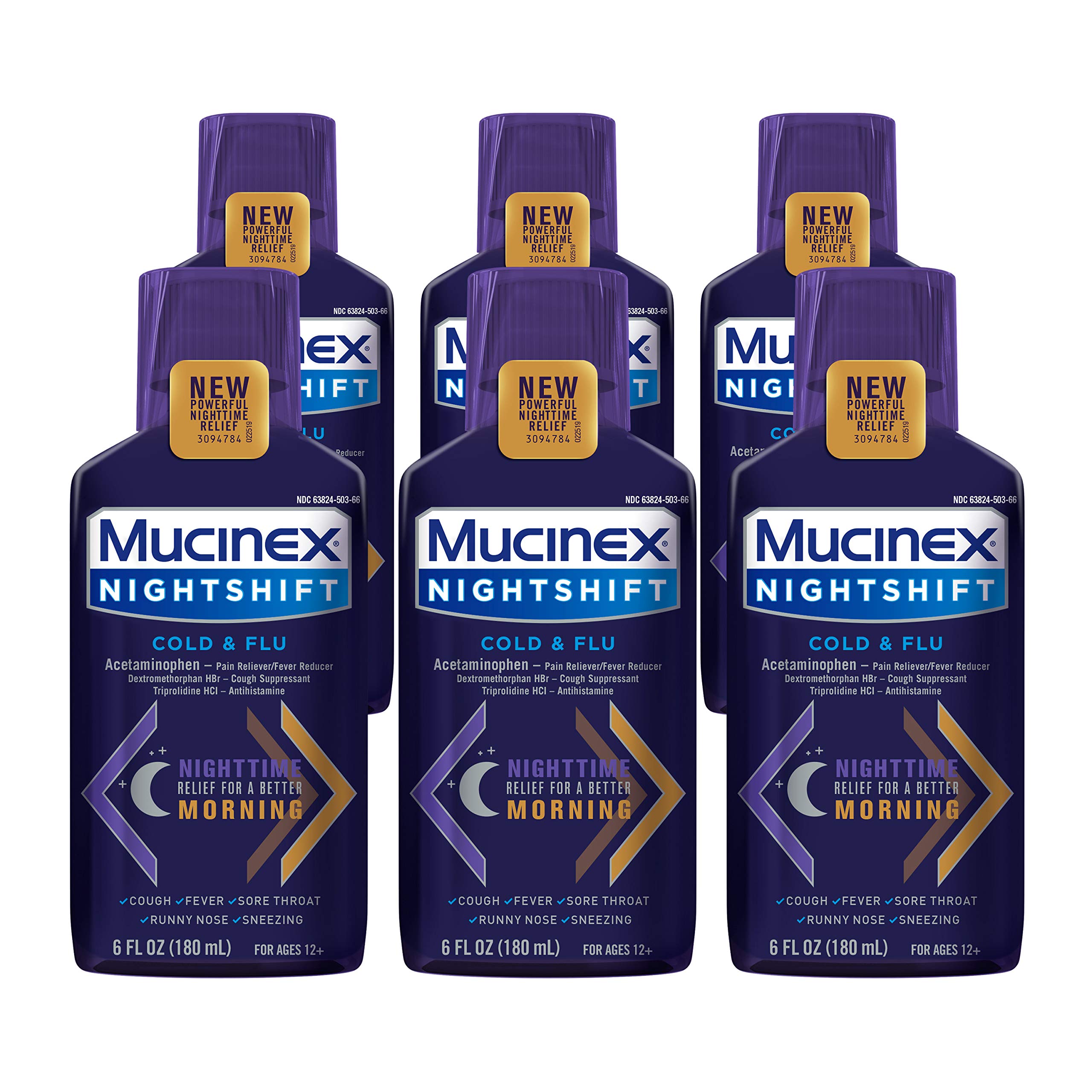 Mucinex Nightshift Cold & Flu Liquid 6 fl. oz. Relieves Fever, Sneezing, Sore Throat, Runny Nose, and Cough (Pack of 6)