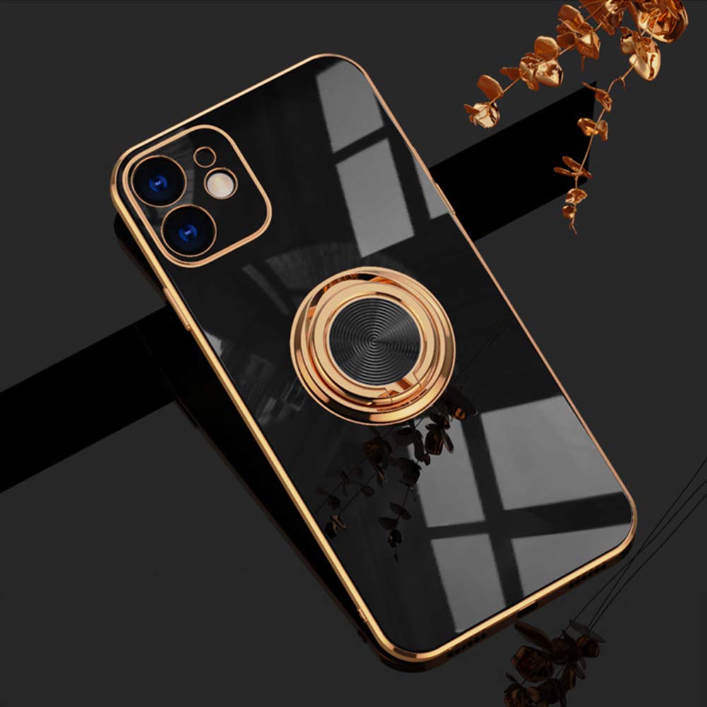 Omorro for Rose Gold iPhone 11 Case for Women Girls Kickstand Ring Holder 360 TPU Rotation Rings Cases with Stand Glitter Plating Edge Work with Magnetic Mount Slim Luxury Case Girly Cover Case Black