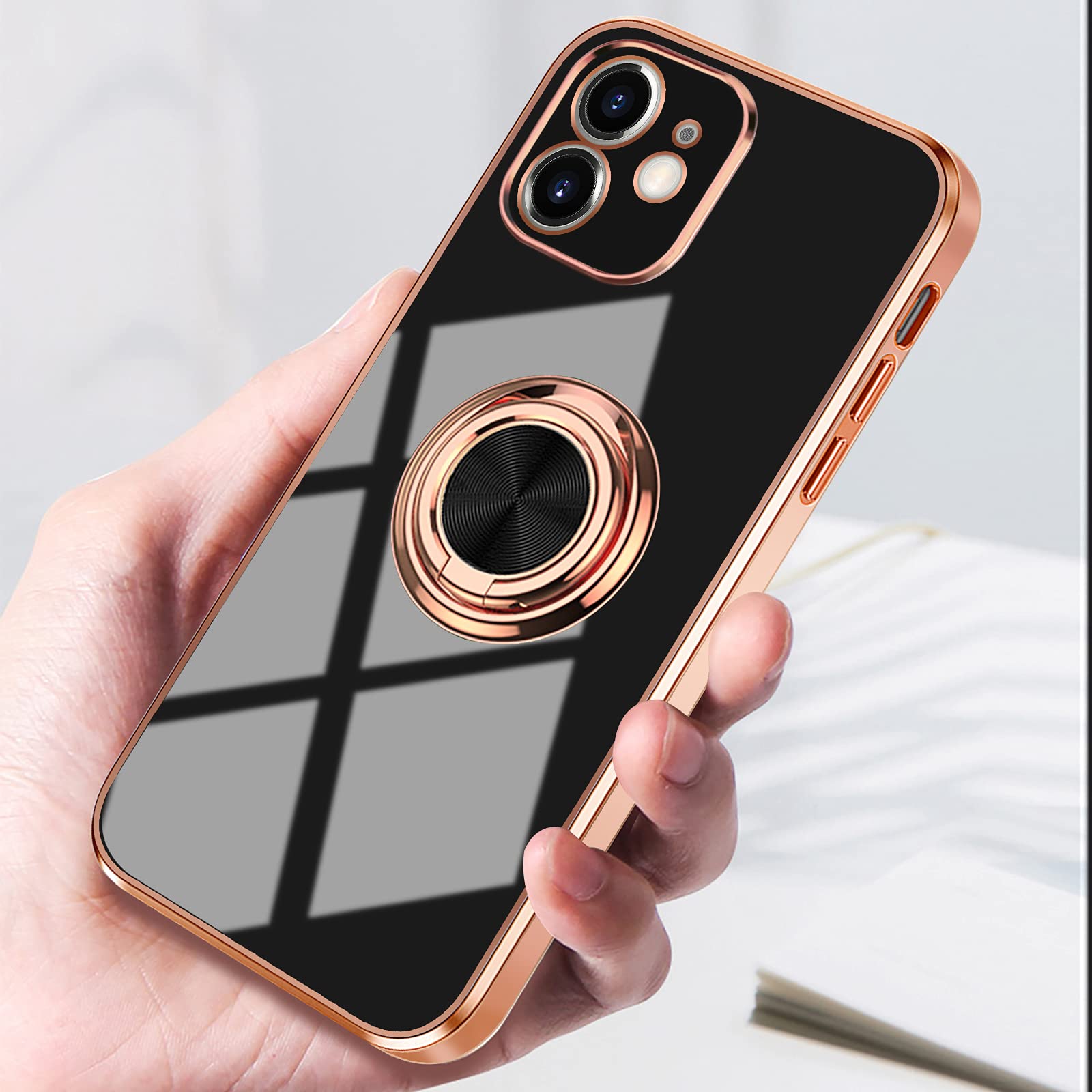 Omorro for Rose Gold iPhone 11 Case for Women Girls Kickstand Ring Holder 360 TPU Rotation Rings Cases with Stand Glitter Plating Edge Work with Magnetic Mount Slim Luxury Case Girly Cover Case Black