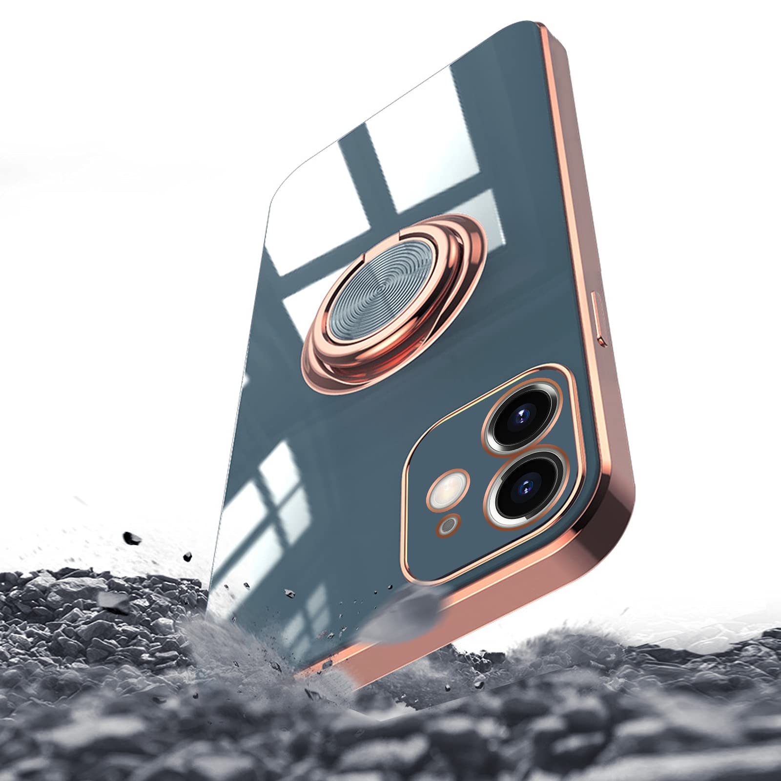 Omorro for Rose Gold iPhone 11 Case for Women Girls Kickstand Ring Holder 360 TPU Rotation Rings Cases with Stand Glitter Plating Edge Work with Magnetic Mount Slim Luxury Case Girly Cover Case Black