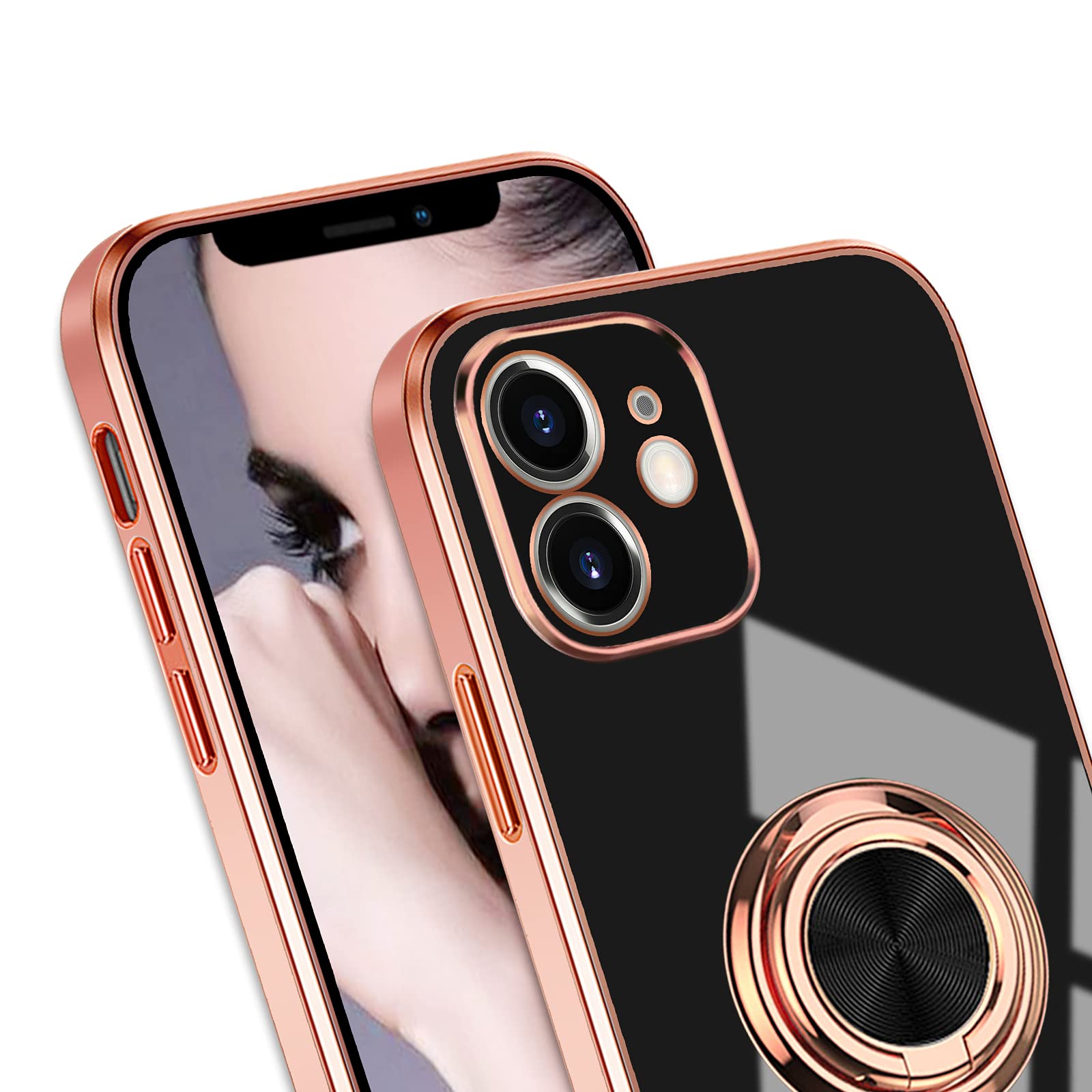 Omorro for Rose Gold iPhone 11 Case for Women Girls Kickstand Ring Holder 360 TPU Rotation Rings Cases with Stand Glitter Plating Edge Work with Magnetic Mount Slim Luxury Case Girly Cover Case Black