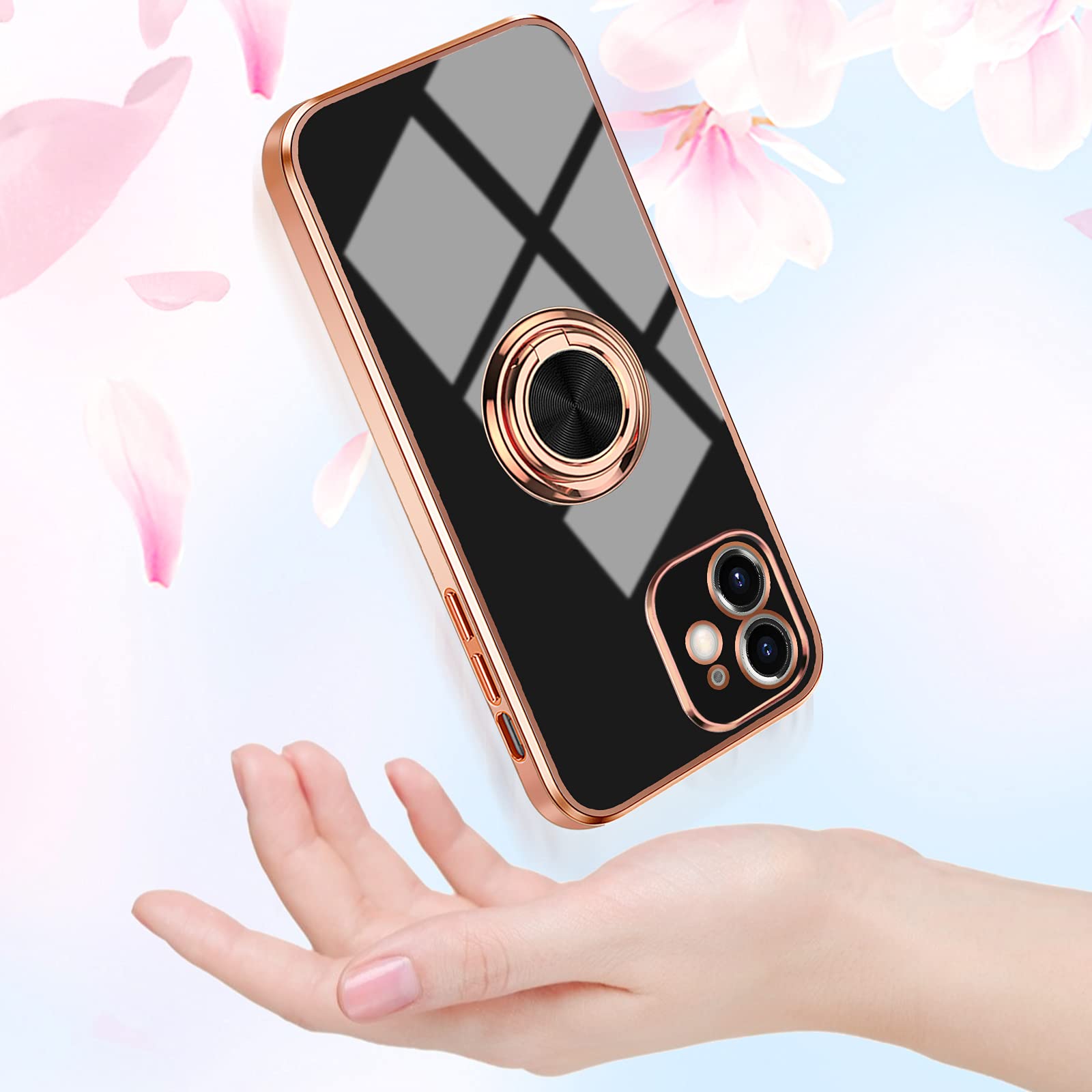 Omorro for Rose Gold iPhone 11 Case for Women Girls Kickstand Ring Holder 360 TPU Rotation Rings Cases with Stand Glitter Plating Edge Work with Magnetic Mount Slim Luxury Case Girly Cover Case Black