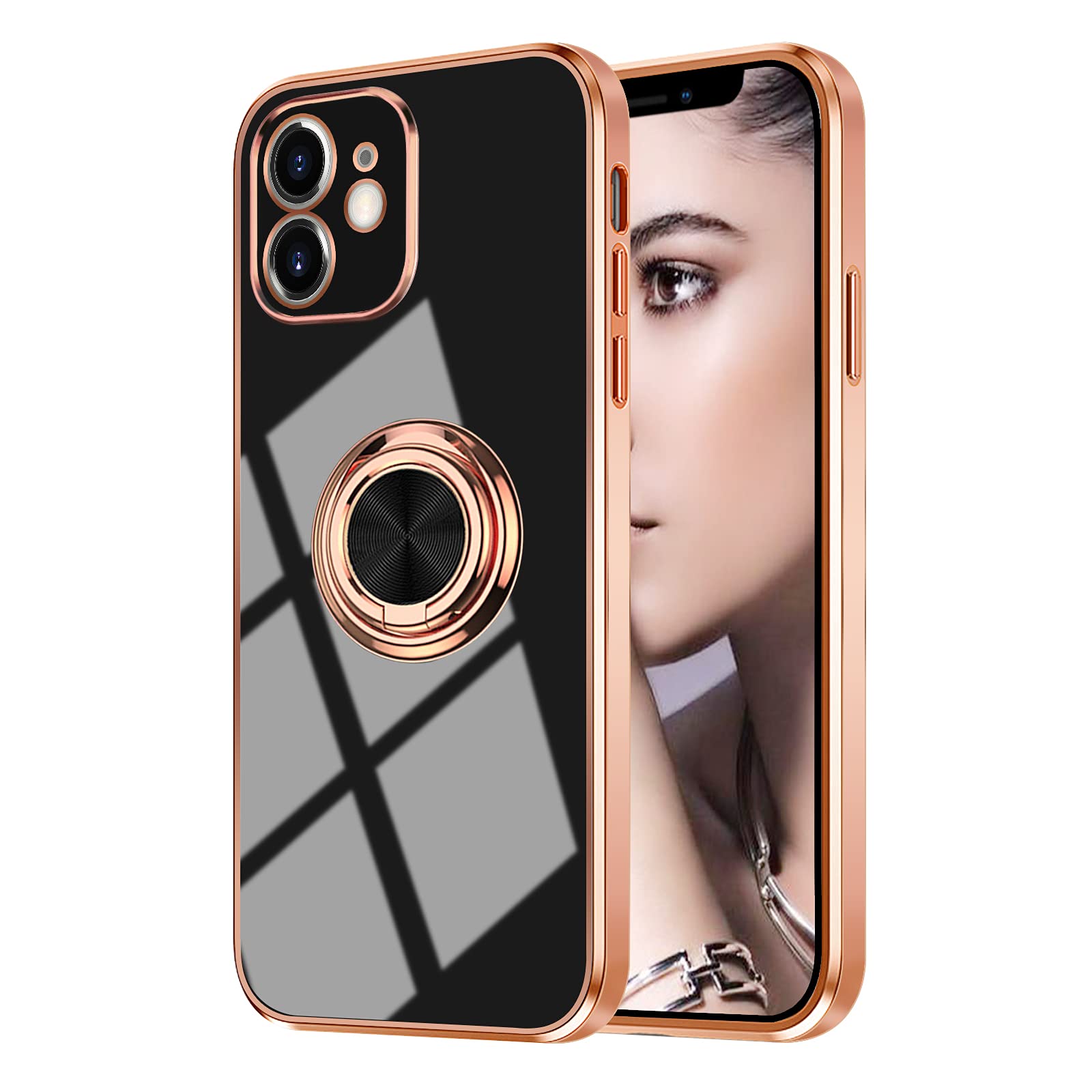 Omorro for Rose Gold iPhone 11 Case for Women Girls Kickstand Ring Holder 360 TPU Rotation Rings Cases with Stand Glitter Plating Edge Work with Magnetic Mount Slim Luxury Case Girly Cover Case Black