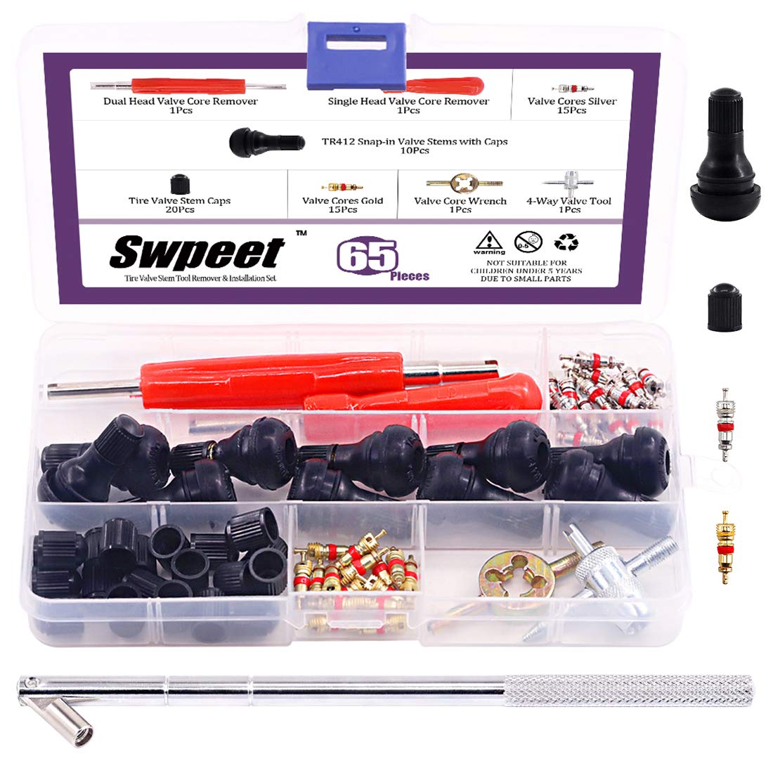 Swpeet 65Pcs Tire Valve Stem Tool Remover & Installation Set, Valve Caps Snap-in Valve Stems with Valve Stem Cores, Single and Dual Head Tire Valve Core Remover Tool, 4-Way Valve Tool for Most Cars