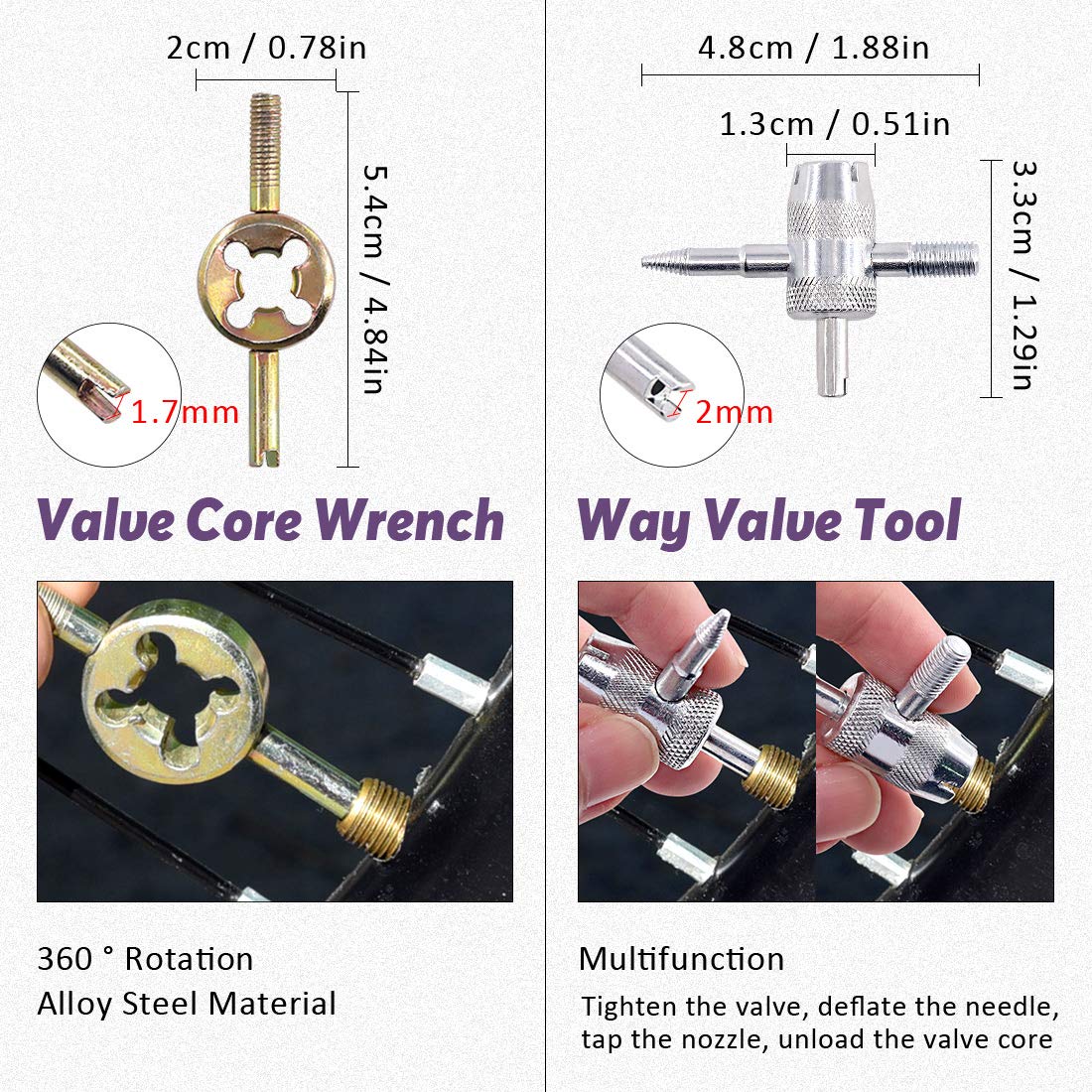 Swpeet 65Pcs Tire Valve Stem Tool Remover & Installation Set, Valve Caps Snap-in Valve Stems with Valve Stem Cores, Single and Dual Head Tire Valve Core Remover Tool, 4-Way Valve Tool for Most Cars