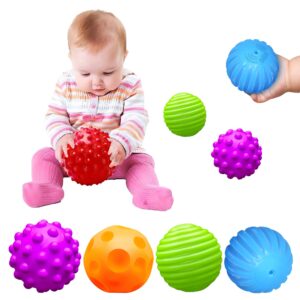 montessori toys for babies 3 months+, baby balls 3 to 12 month for babies & toddlers 3m+, textured multi ball set colorful & soft squeezy sensory toys. stress relief balls for infant (4 pack)