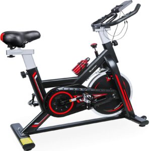 TELESPORT Indoor Cycling Bike, Cardio Workout Fitness Bike Quiet Belt Drive Exercise Stationary Bicycle, Stable Flywheel/Adjustable Seat & Handle/LCD Monitor with iPad Holder (black2)