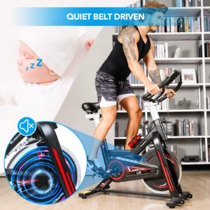 TELESPORT Indoor Cycling Bike, Cardio Workout Fitness Bike Quiet Belt Drive Exercise Stationary Bicycle, Stable Flywheel/Adjustable Seat & Handle/LCD Monitor with iPad Holder (black2)