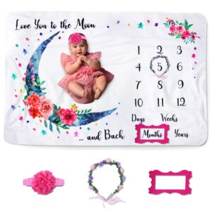 jamie&jayden baby monthly milestone blanket for baby girl, photo blanket for newborn and baby pictures. includes headband, wreath and frame 60”x40