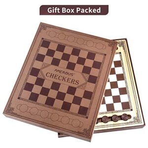 AMEROUS Wooden Checkers Set, Checkers Board Game with Storage Grooves - 24 Checkers Pieces - Gift Box Packed, Classic Board Games for Kids, Adults