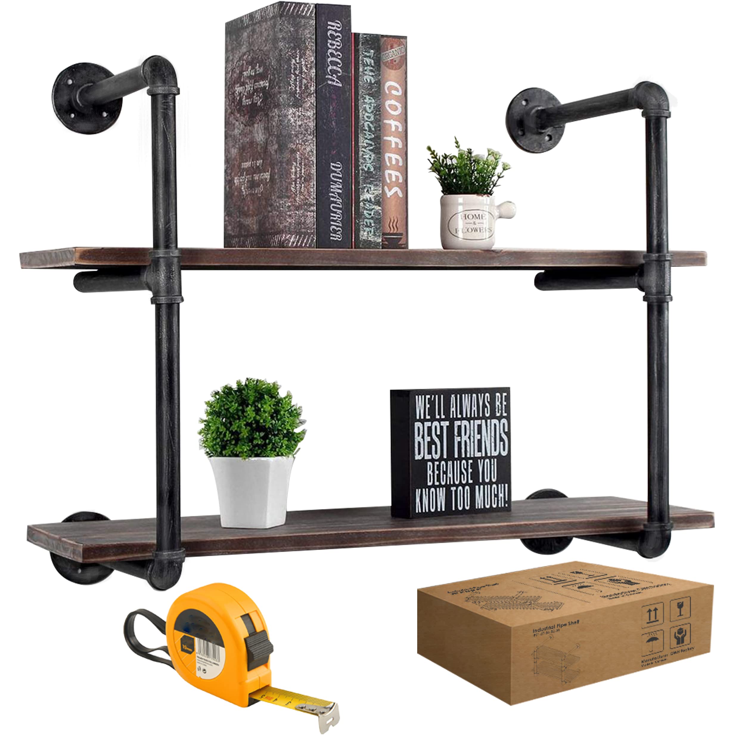 GWH (2 Tier - 30in) Industrial Pipe Shelving, Industrial Floating Shelves, 100% Pine Solid Wood, Galvanized Steel