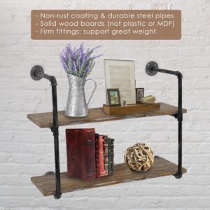 GWH (2 Tier - 30in) Industrial Pipe Shelving, Industrial Floating Shelves, 100% Pine Solid Wood, Galvanized Steel