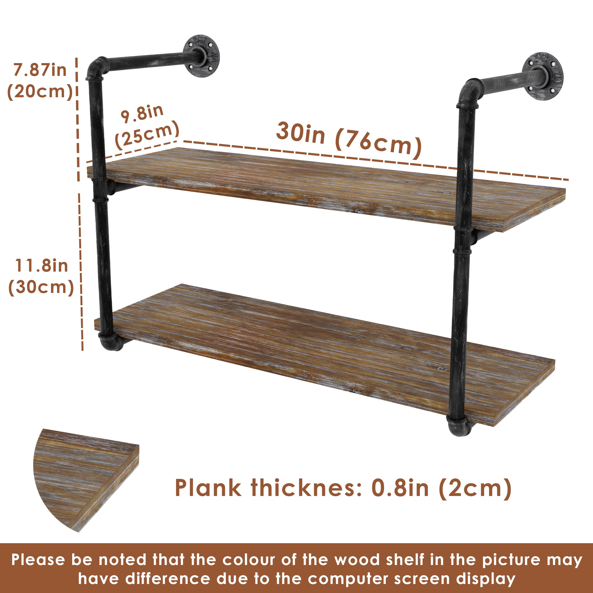 GWH (2 Tier - 30in) Industrial Pipe Shelving, Industrial Floating Shelves, 100% Pine Solid Wood, Galvanized Steel