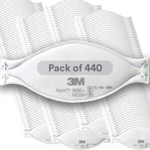 3m aura particulate respirator 9205+, n95, pack of 440 disposable respirators, individually wrapped, 3 panel flat fold design allows for facial movements, comfortable, niosh approved