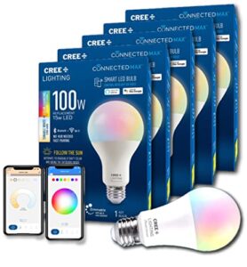 cree lighting connected max smart led bulb a21 100w tunable white + color changing, 2.4 ghz, compatible with alexa and google home, no hub required, bluetooth + wifi, 5pk