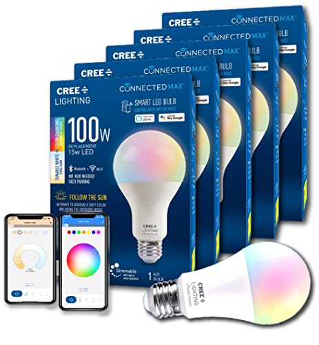 Cree Lighting Connected Max Smart Led Bulb A21 100W Tunable White + Color Changing, 2.4 Ghz, Compatible With Alexa And Google Home, No Hub Required, Bluetooth + Wifi, 5Pk