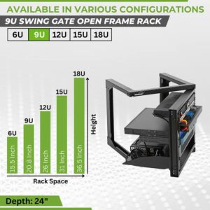 NavePoint 9U Server Rack with Swing Gate - 9U Wall Mount Rack for 19 Inch IT Equipment Open Frame Rack – Network Rack Wall Mount for AV & Server Equipment 24” Deep 9U Rack, Black