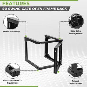 NavePoint 9U Server Rack with Swing Gate - 9U Wall Mount Rack for 19 Inch IT Equipment Open Frame Rack – Network Rack Wall Mount for AV & Server Equipment 24” Deep 9U Rack, Black