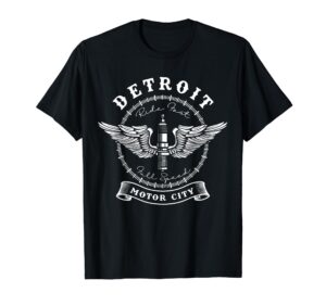detroit michigan motor city spark plug wings ride fast speed t-shirt