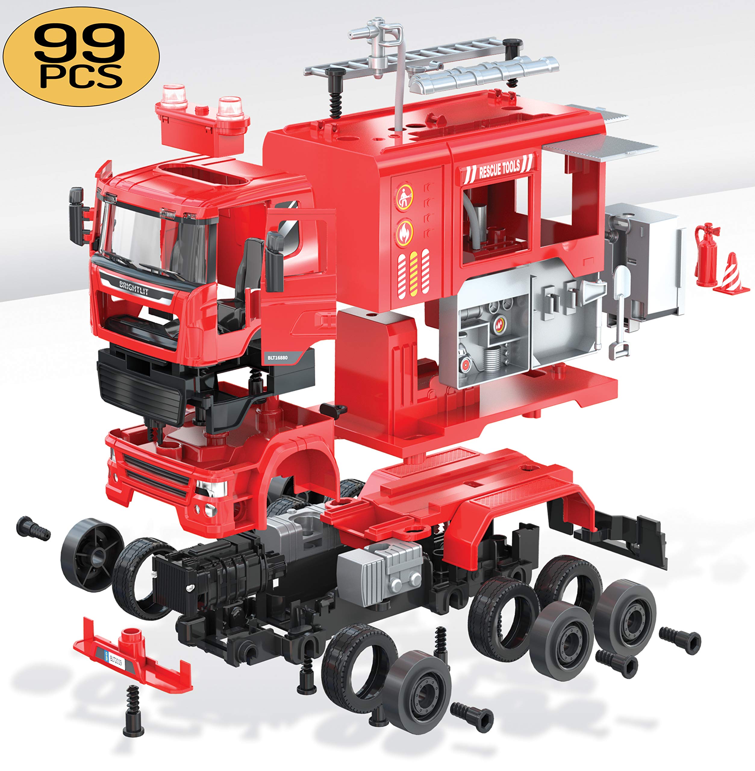 Take-Apart Fire Truck - 99 Pcs STEM Toys Build Your Own Fire Engine-DIY Building Assembly Kit w/Realistic Lights and Sounds - Educational Gift Idea for Kids Ages 5 6 7 8 9 Years Old