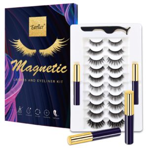 earller magnetic eyelashes with eyeliner kit,10 pairs natural look false lashes with applicator - easy to apply and no glue needed, 3d & 5d reusable short and long eyelashes set