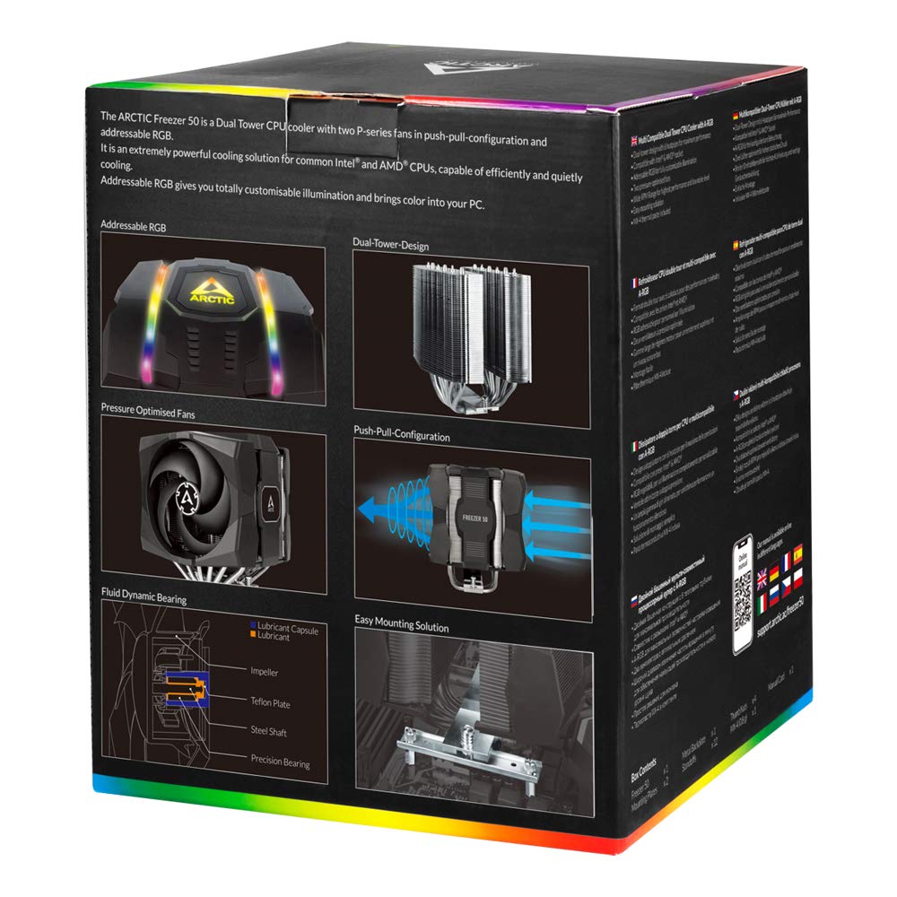 ARCTIC Freezer 50 - Multi Compatible Dual Tower CPU Cooler with A-RGB, CPU Cooler for AMD and Intel, Two Pressure-Optimised Fans, 6 Heatpipes, LGA1700 Compatible, MX-4 Thermal Paste incl.