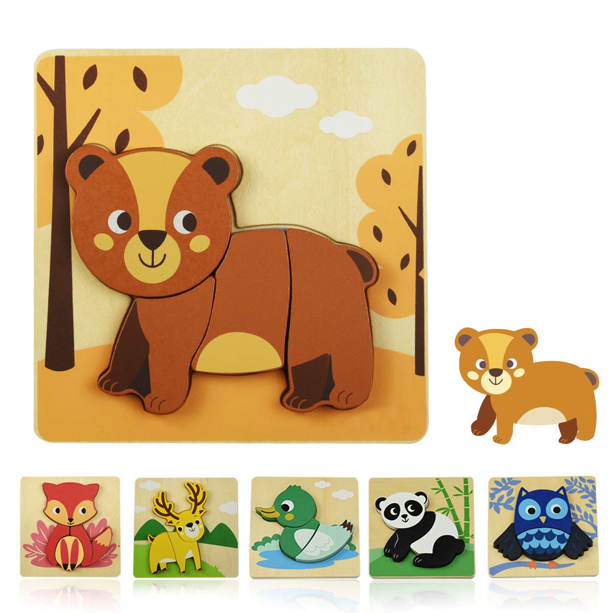 GYBBER&MUMU Wooden Thickened Animal Puzzle Toy Set Panda Deer Owl Duck Fox Puzzle Toy Hand-Eye Coordination Intellectual Toy Set for Preschool (Bear)