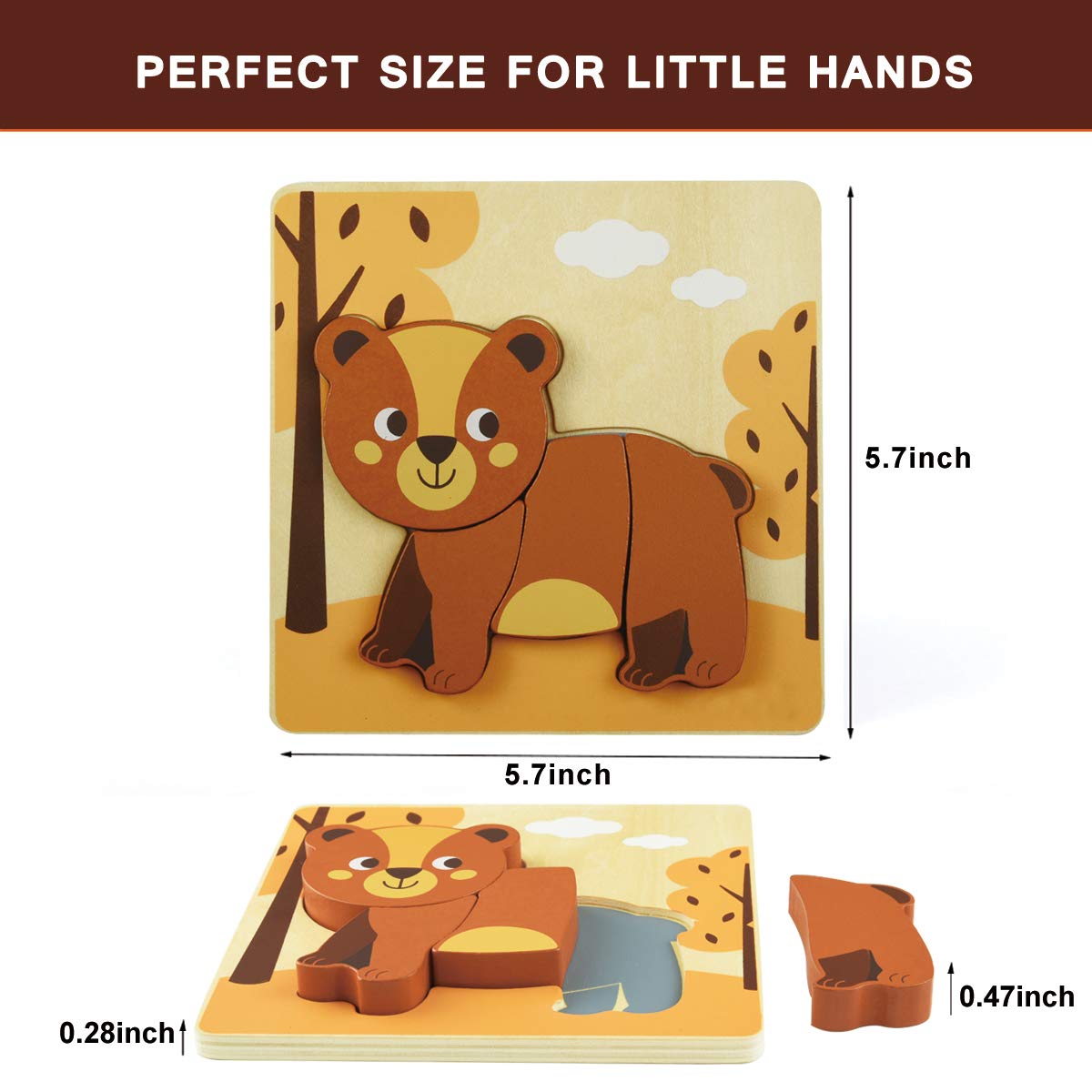 GYBBER&MUMU Wooden Thickened Animal Puzzle Toy Set Panda Deer Owl Duck Fox Puzzle Toy Hand-Eye Coordination Intellectual Toy Set for Preschool (Bear)