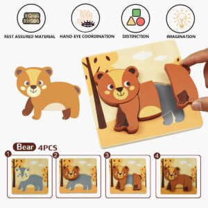 GYBBER&MUMU Wooden Thickened Animal Puzzle Toy Set Panda Deer Owl Duck Fox Puzzle Toy Hand-Eye Coordination Intellectual Toy Set for Preschool (Bear)