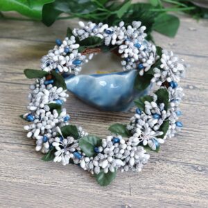 soofylia 4 pack white blue beads christmas candle rings, tea light candle holder mini wreaths for rustic wedding party table centerpieces christmas napkin rings room decor christams decorations