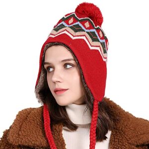 comhats winter thick peruvian beanie hat for women girl wool warm ski earflap pompom fur skull cap red
