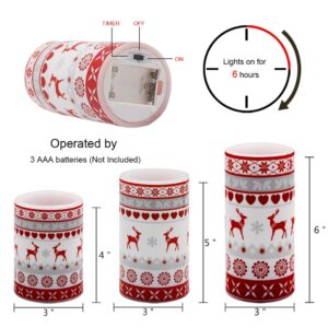 Wondise Flameless Pillar Candles Battery Operated with Timer, Real Wax LED Flickering Reindeer Decal for Christmas Home Decor, Set of 3(D3 x H4,5,6 Inch)