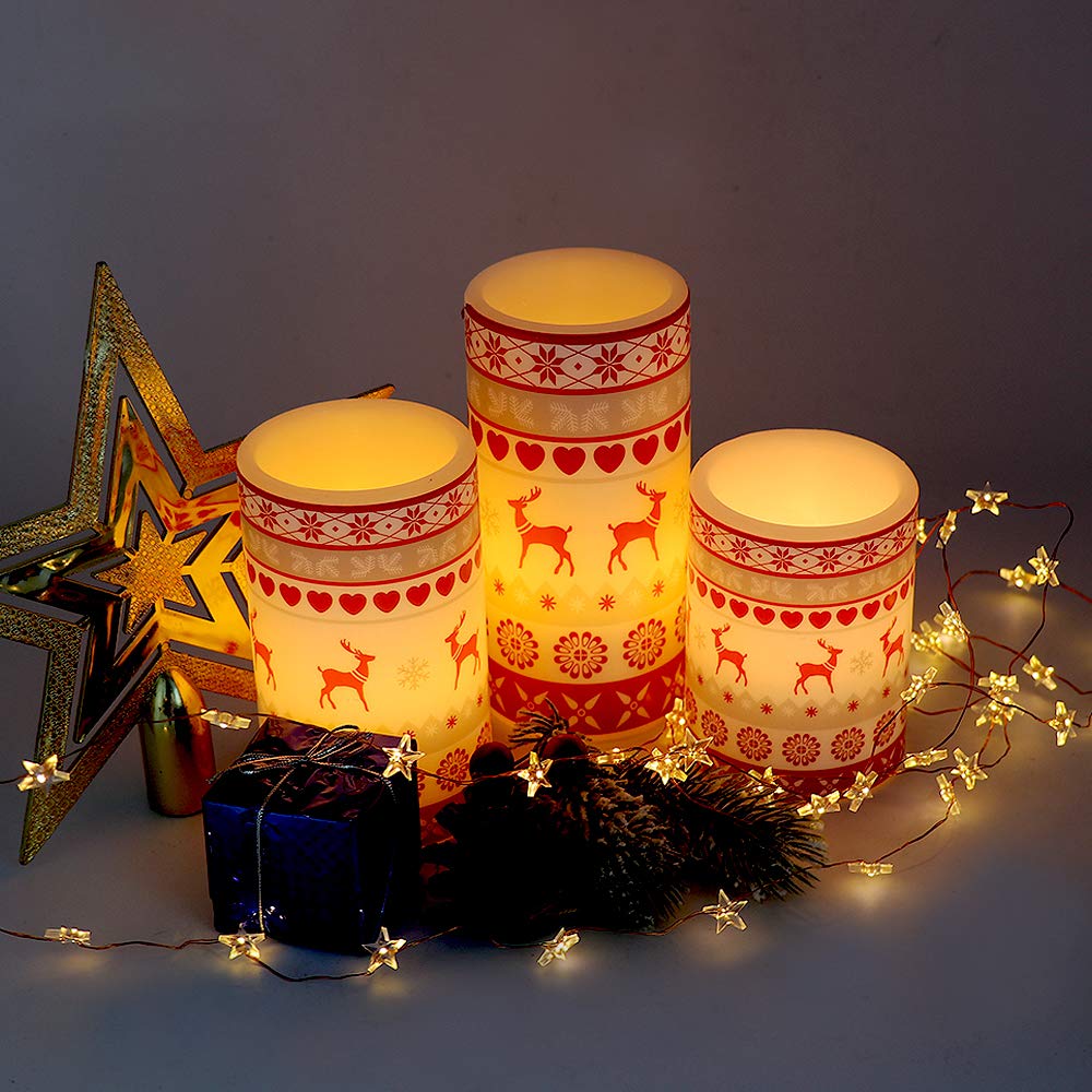 Wondise Flameless Pillar Candles Battery Operated with Timer, Real Wax LED Flickering Reindeer Decal for Christmas Home Decor, Set of 3(D3 x H4,5,6 Inch)