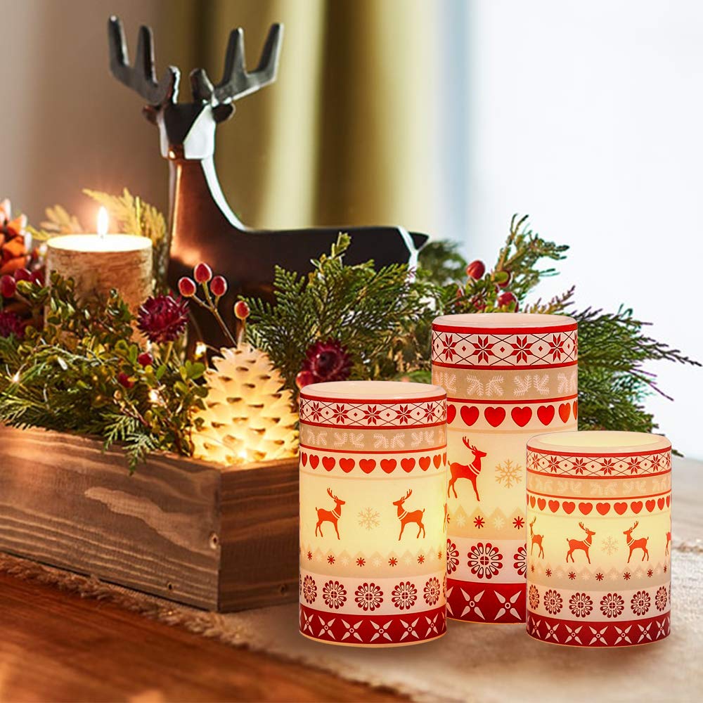 Wondise Flameless Pillar Candles Battery Operated with Timer, Real Wax LED Flickering Reindeer Decal for Christmas Home Decor, Set of 3(D3 x H4,5,6 Inch)