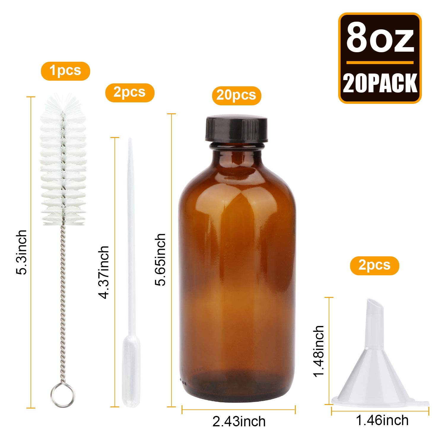 COMUDOT 8oz Durable Glass Bottle, Reusable Glass Bottles with Airtight Lid for Shampoo, Conditioner, Essential Oils, Set of 20 (Brown)