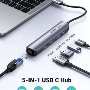 UGREEN USB C Hub 60Hz, 5-in-1 Gigabit USB C to Ethernet Adapter with 4K HDMI, 100W Power Delivery, 2 USB 3.0, Compatible with MacBook, iPad Pro, iPhone 15 Pro/Pro Max, Dell, HP, Surface, Switch