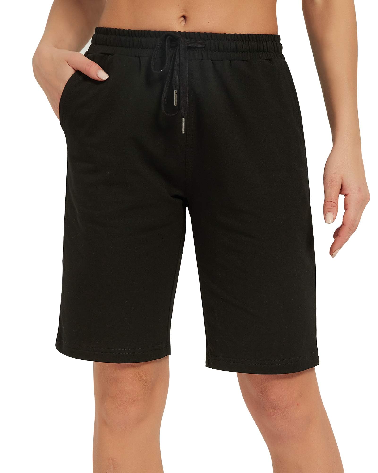 Stelle Womens Bermuda Knee Length Exercise Running Lounge Sweat Shorts with Deep Pockets (X-Large, 10" Black)