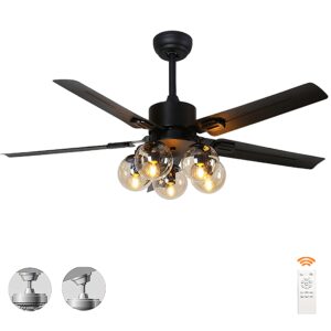 black ceiling fan with light and remote 6 speed mute metal reversible blades 5 light 52" for indoor industrial rustic farmhouse bedroom living room dining room
