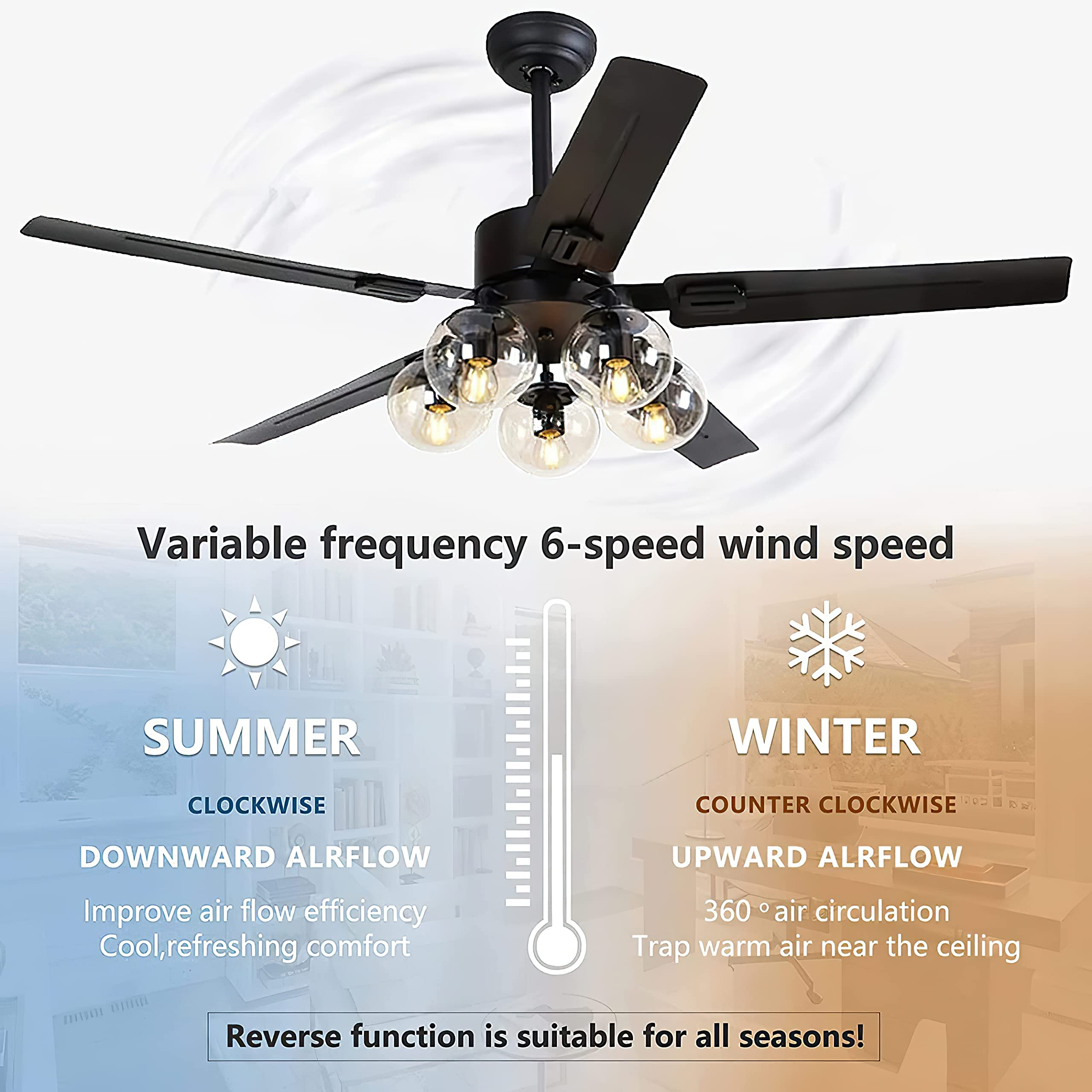 Black Ceiling Fan with Light and Remote 6 Speed Mute Metal Reversible Blades 5 Light 52" for Indoor Industrial Rustic Farmhouse Bedroom Living Room Dining Room