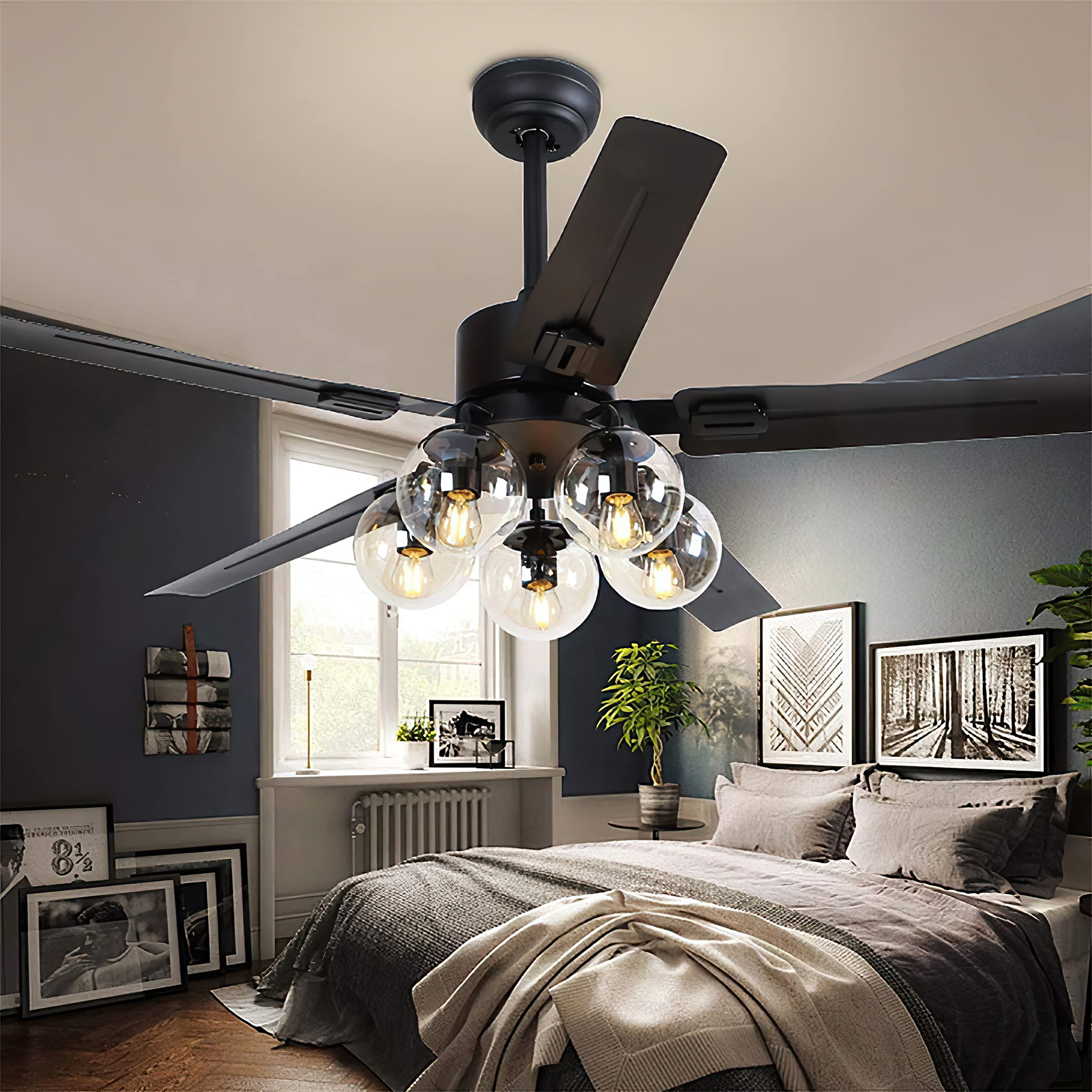 Black Ceiling Fan with Light and Remote 6 Speed Mute Metal Reversible Blades 5 Light 52" for Indoor Industrial Rustic Farmhouse Bedroom Living Room Dining Room