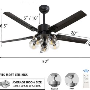 Black Ceiling Fan with Light and Remote 6 Speed Mute Metal Reversible Blades 5 Light 52" for Indoor Industrial Rustic Farmhouse Bedroom Living Room Dining Room