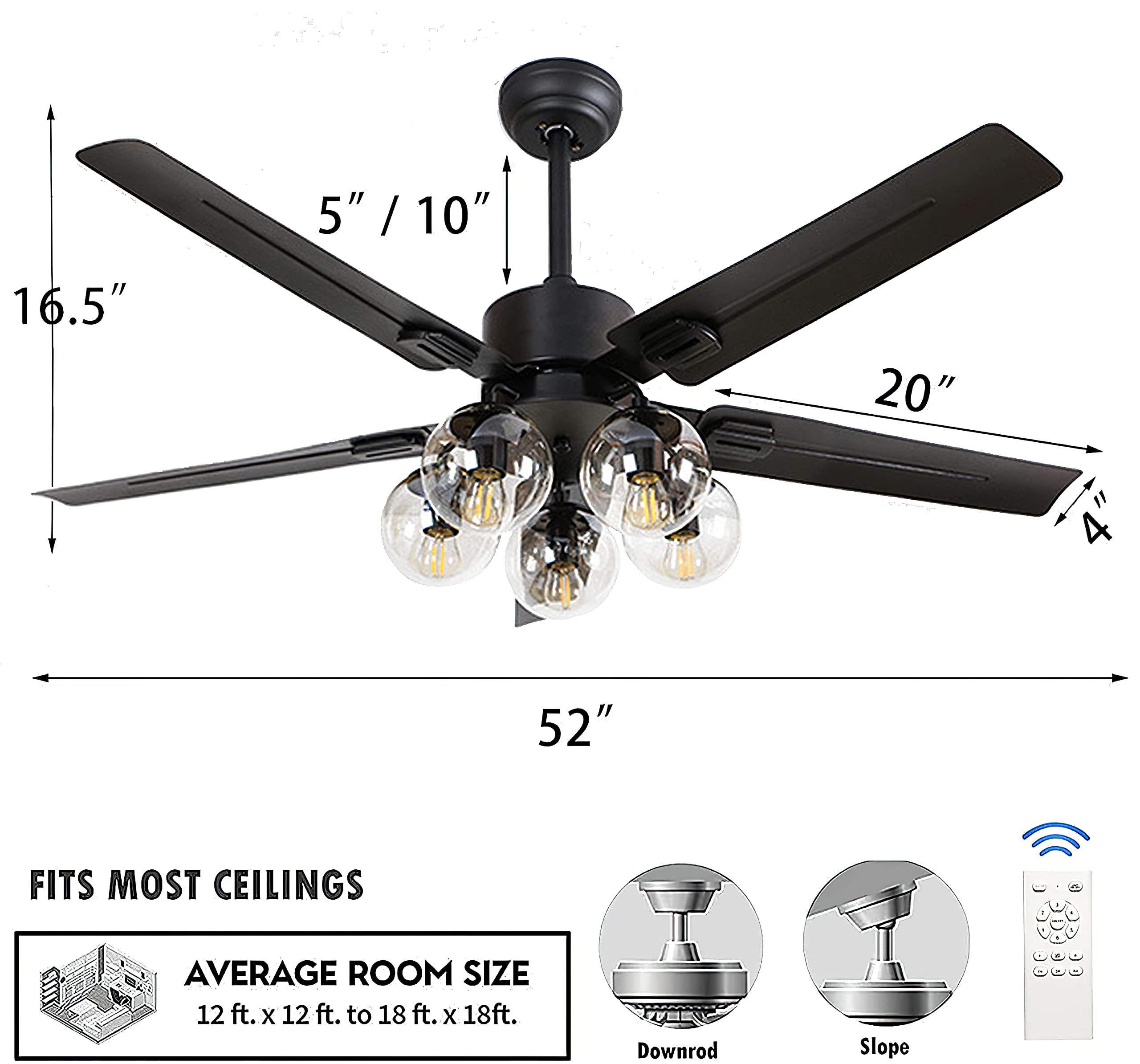 Black Ceiling Fan with Light and Remote 6 Speed Mute Metal Reversible Blades 5 Light 52" for Indoor Industrial Rustic Farmhouse Bedroom Living Room Dining Room