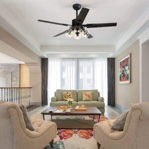 Black Ceiling Fan with Light and Remote 6 Speed Mute Metal Reversible Blades 5 Light 52" for Indoor Industrial Rustic Farmhouse Bedroom Living Room Dining Room