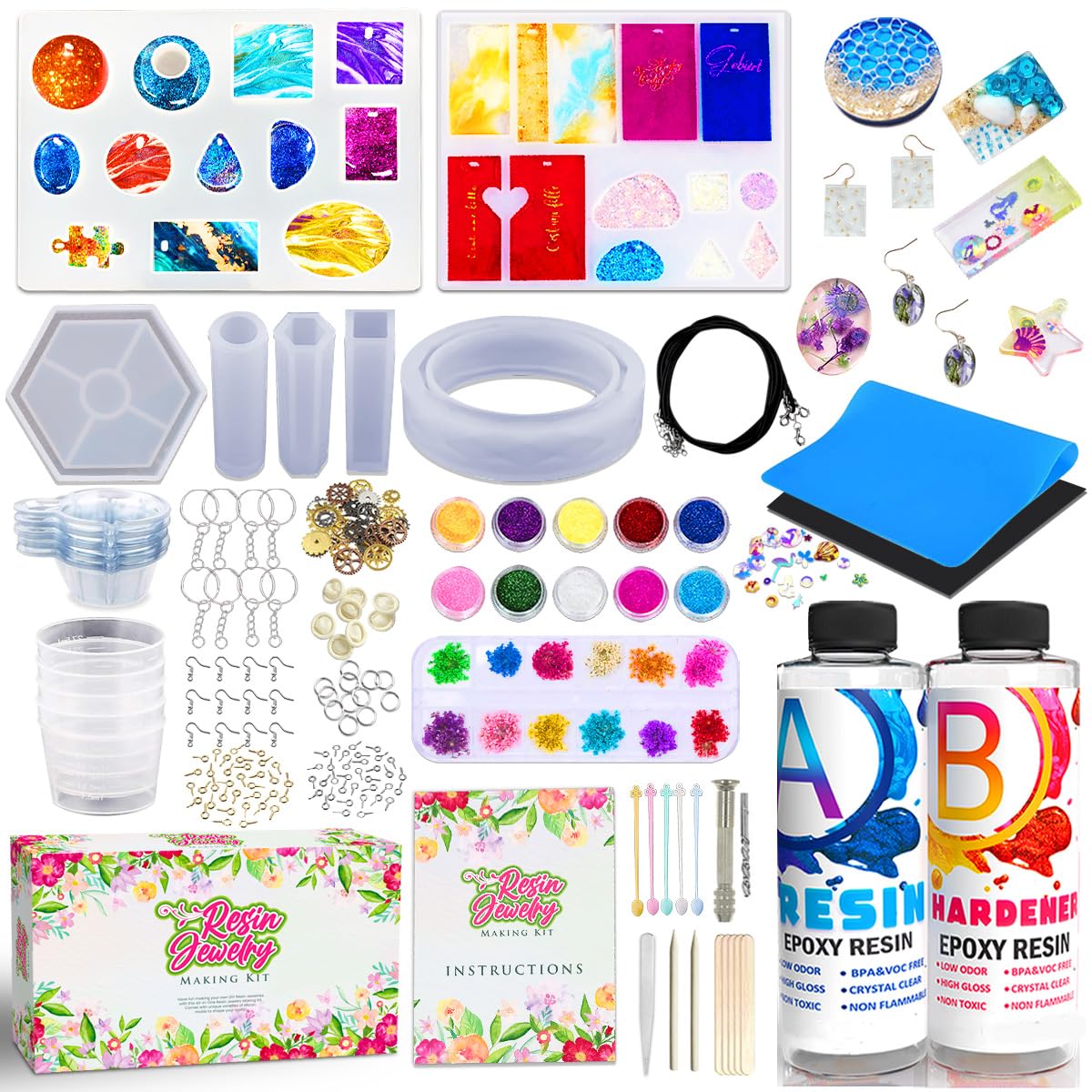 GoodyKing Resin Jewelry Making Starter Kit - Silicone Casting Mold, Tools Set Clear Epoxy Resin for Jewelry Craft Resin Kits Beginners Advanced Jewelry Making Supplies Art and Craft School Gift