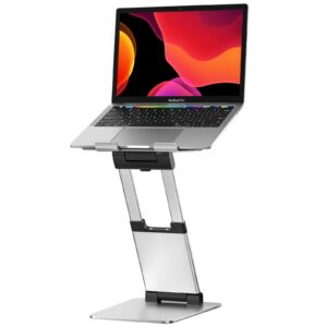 ergonomic laptop stand for desk, sit to stand laptop riser, adjustable height up to 21", standing computer stand, promote healthy posture compatible with macbook air pro, all laptops 10-17"-silver
