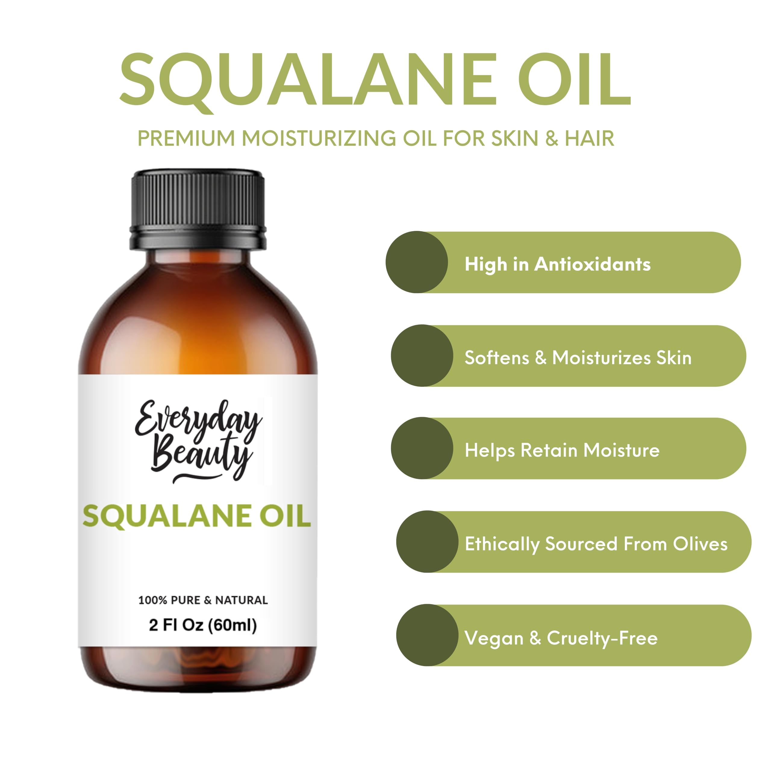 Squalane Oil - 100% Pure & Natural Plant Derived Facial Oil 2 Fl Oz - Cold Pressed and Unrefined Premium Grade Multipurpose Moisturizing Oil For Skin and Hair