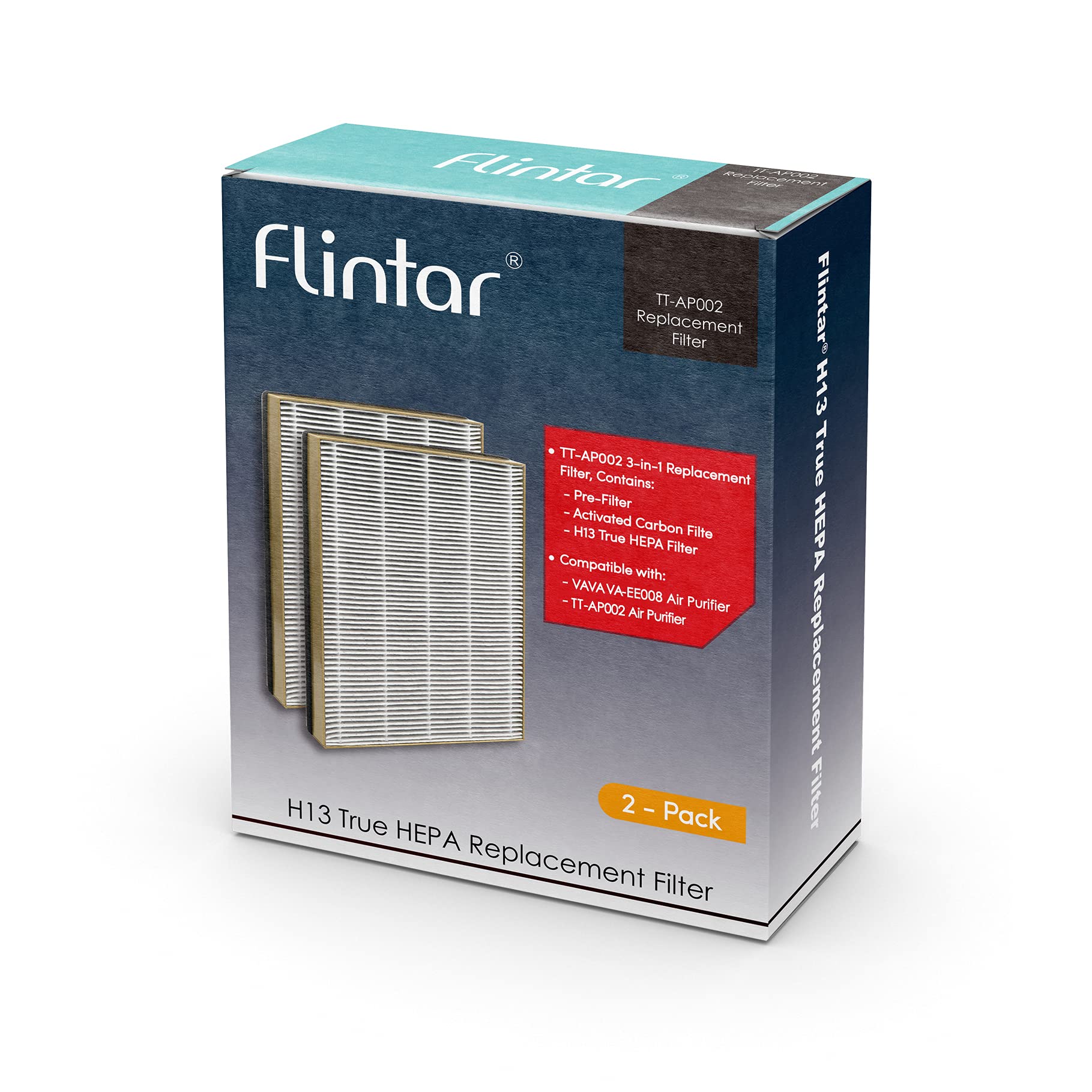 Flintar True HEPA Replacement Filter, Compatible with TaoTronics TT-AP002 Air Purifier and VAVA VA-EE008 Air Purifier, 3-in-1 Premium H13 Grade True HEPA Filter, 2-Pack (2)