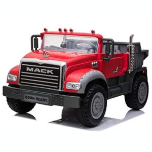 mack granite dump truck two seater ride on in red, 12v battery powered, best for kids/children/boys/girls