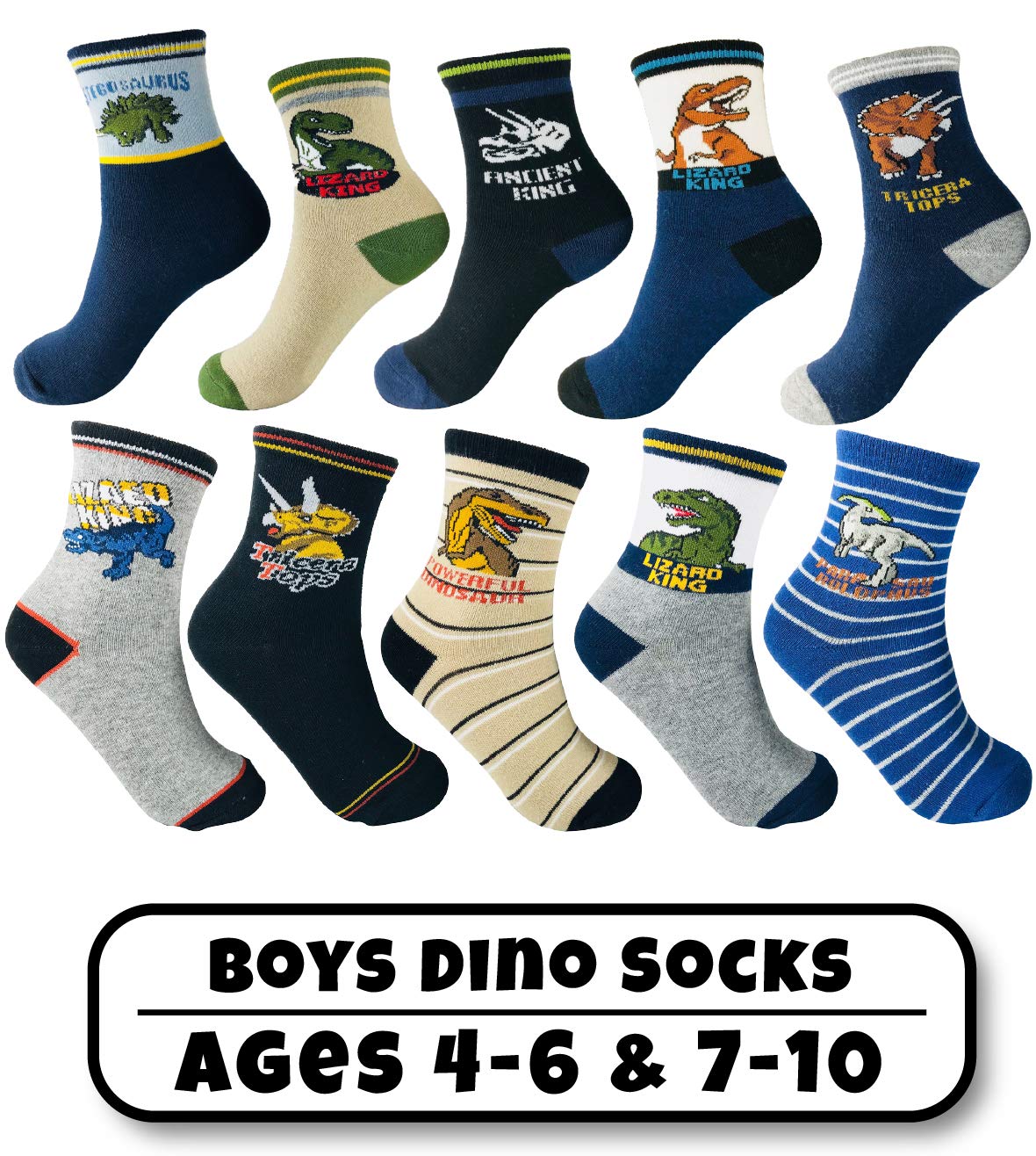 Tiny Captain Boys Dinosaur Socks 4-7 Year Old Age 4,5,6 Gift Set Crew Style (10 Pairs)