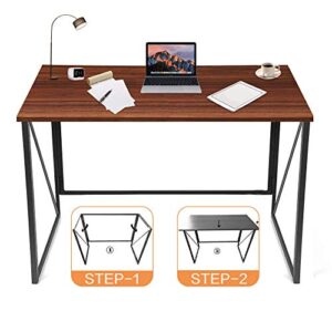 desture home office computer desk, easy two step quick folding small desk home office study desk metal frame, modern simple laptop table brown 40''